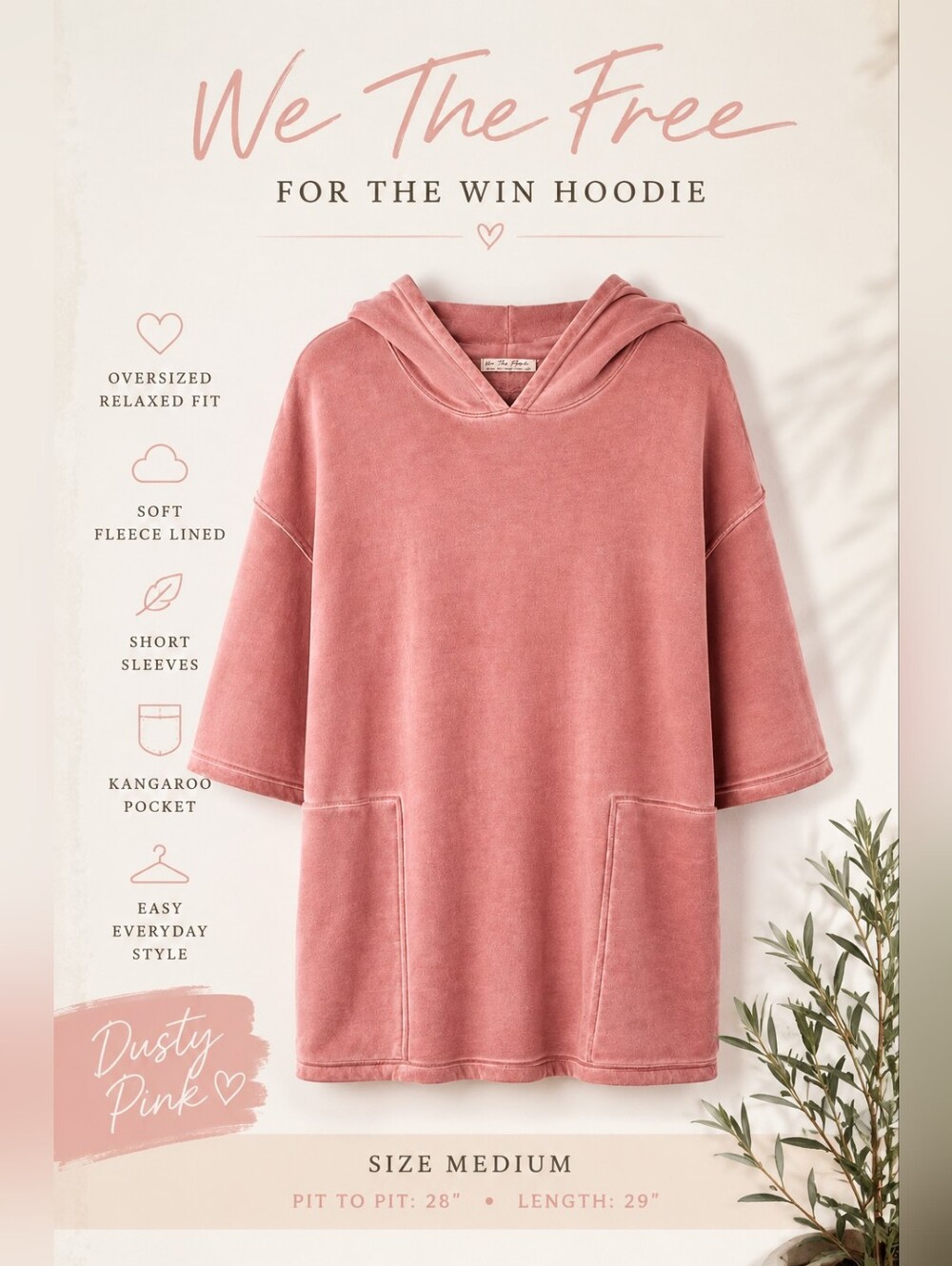 We The Free For The Win Hoodie Sweatshirt M Dusty Pink Oversized Short Sleeve FP